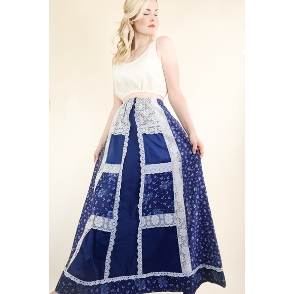 Vintage Dresses & Skirts - 70s Blue Floral Patchwork Lace Trim VTG Maxi Skirt